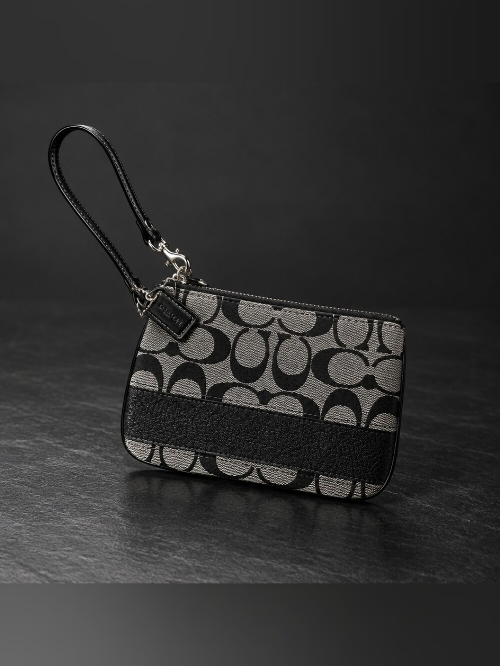 Coach Black and Khaki Signature Canvas Wristlet with Strap NWOT
